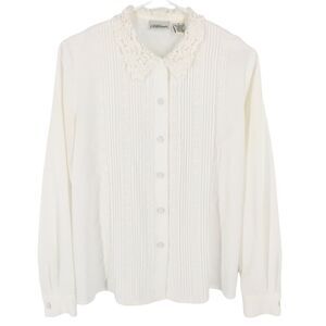 Vintage Modern Essential Crochet Long Sleeve Blouse 8 Button Down White Regent M